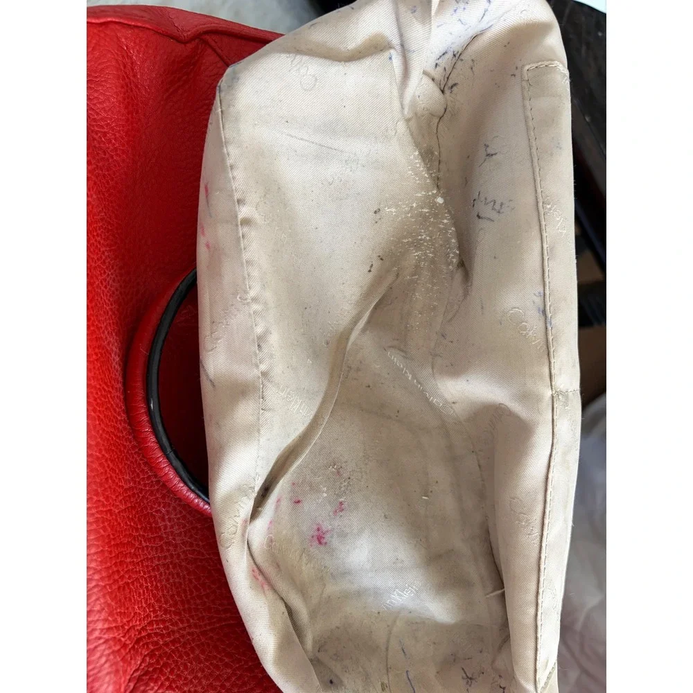 Calvin Klein‎ Crossbody Satchel Womens OS Coral Red Pebbled Leather Gold Tone